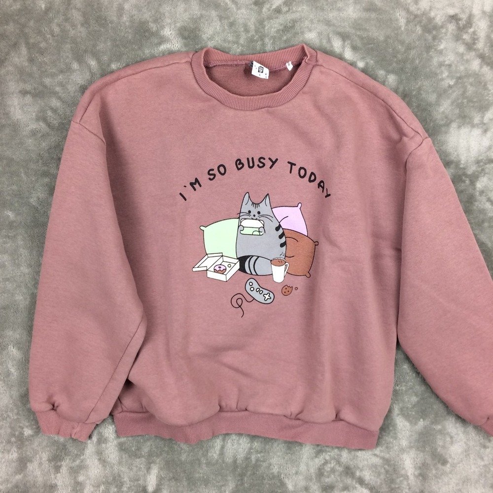 Koton Love Cat Sweater Womens Large Kitten Crewneck Sweatshirt‎ Im So Busy Today